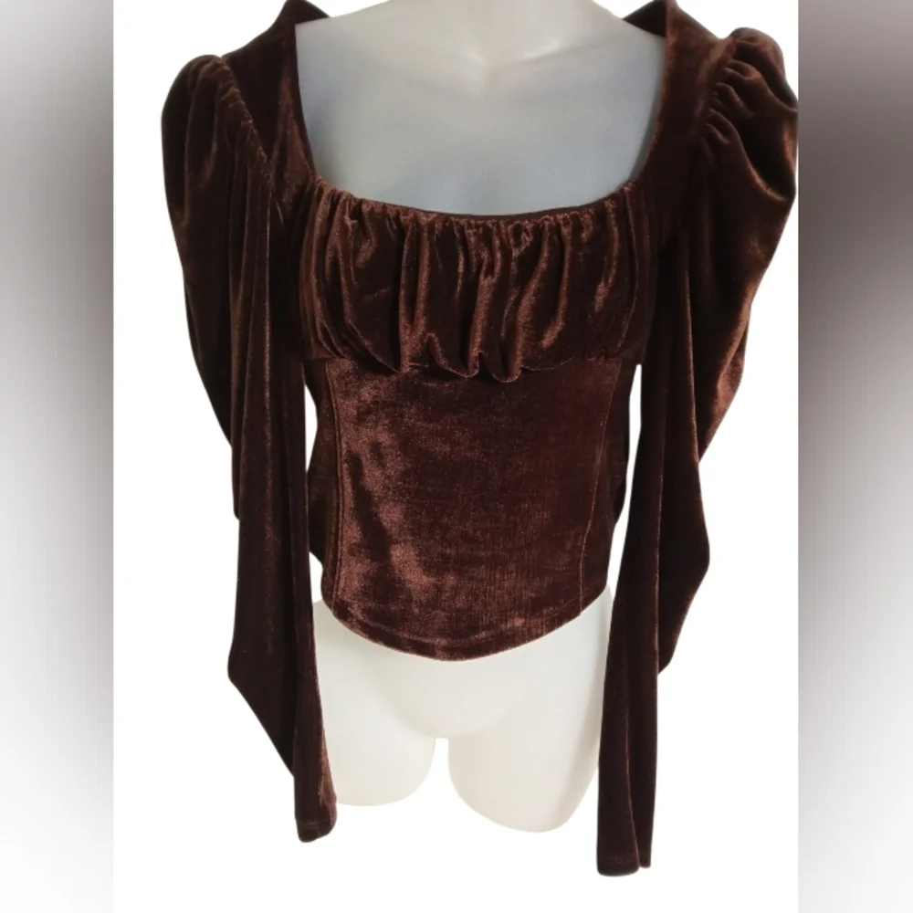 Free People Chocolate Brown Velvet Puff Sleeve Square Neck Corset Top Sz Medium